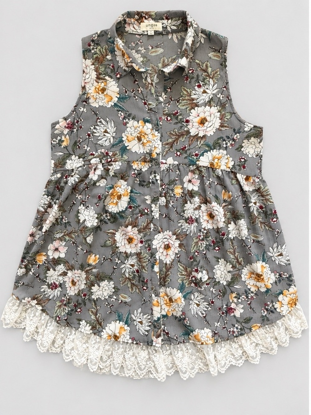 Umgee Flowy Gray Floral Button-Down Shirt with Lace Trim